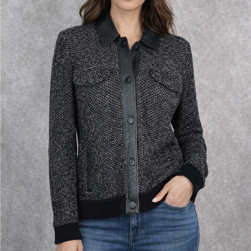 Rag & Bone Black Leather Trim Button Down Knit Shirt Jacket Women's Size M